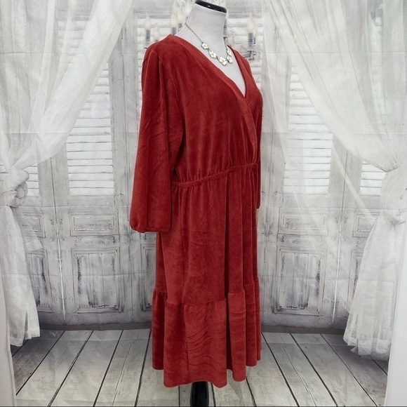 Moa Moa Plus Size 1X Red Corduroy Dress V Neck 3/4 Sleeve Pullover Fit & Flare - Picture 7 of 9